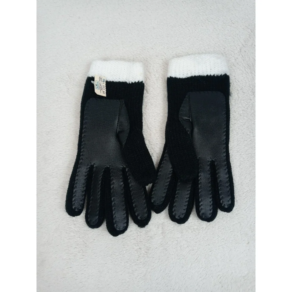 Vintage Sears Gloves Black Knit White Cuff Traffic Light Buttons Mod 60s‎ NOS